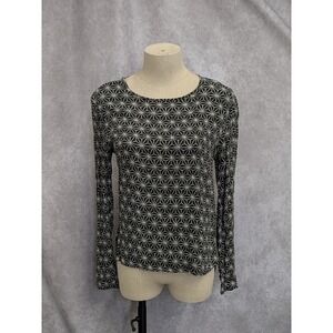 HM‎ Black White Geometric Starburst Long Sleeve Button Back Blouse Top Womens 6